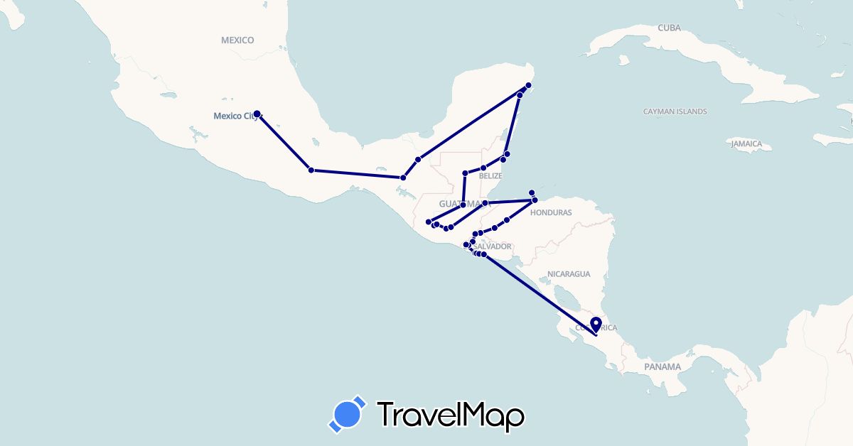 TravelMap itinerary: driving in Belize, Costa Rica, Guatemala, Honduras, Mexico, El Salvador (North America)
